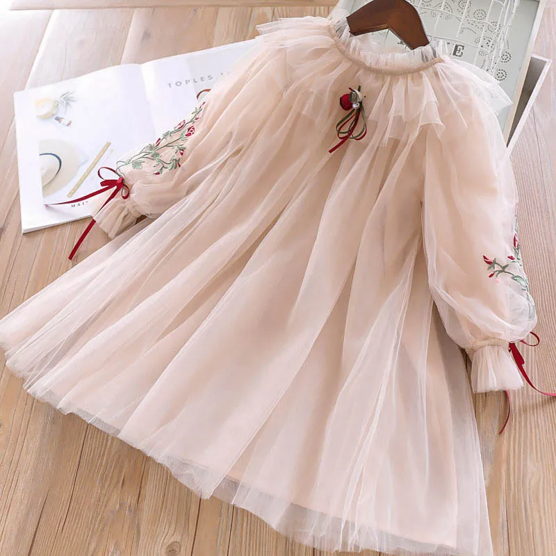 

spring girls tulle dress long sleeve embroidery flower ruffles kids clothes girl dress children clothes wholesale, N/a
