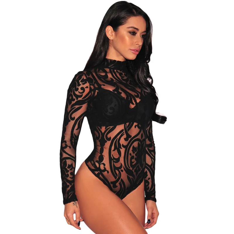 

Wholesale Women Sexy Transparent Sheer Mesh Print Long Sleeves Bodysuit, Customized