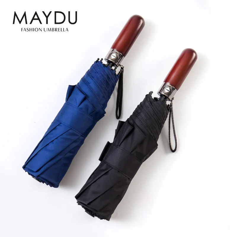 

Shanghai MAYDU 3 folding wooden handle umbrella double windproof umbrella, Black