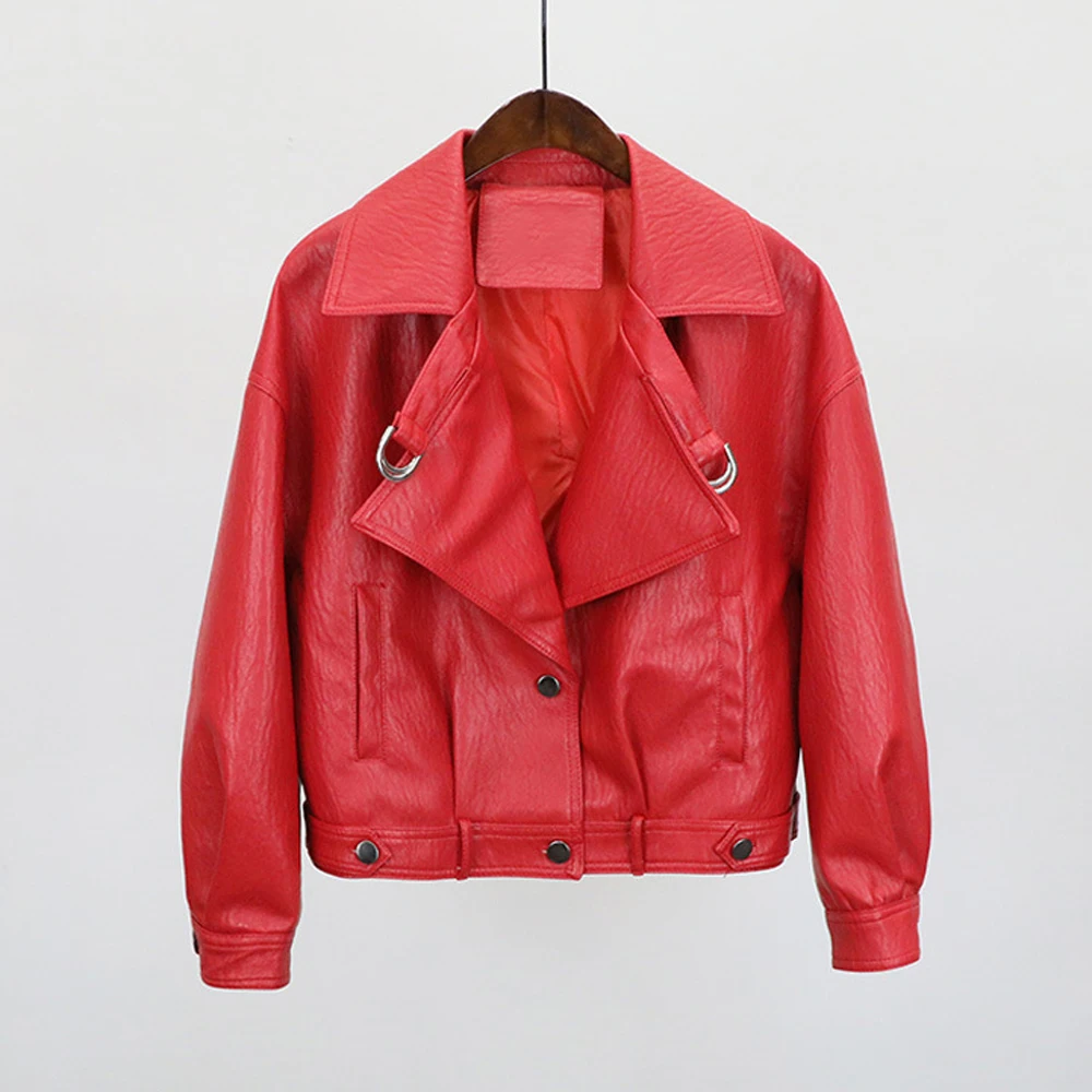 

Spring and autumn Retro PU Leather Loose Leather Women Street Lapel Jacket For Women, 4options