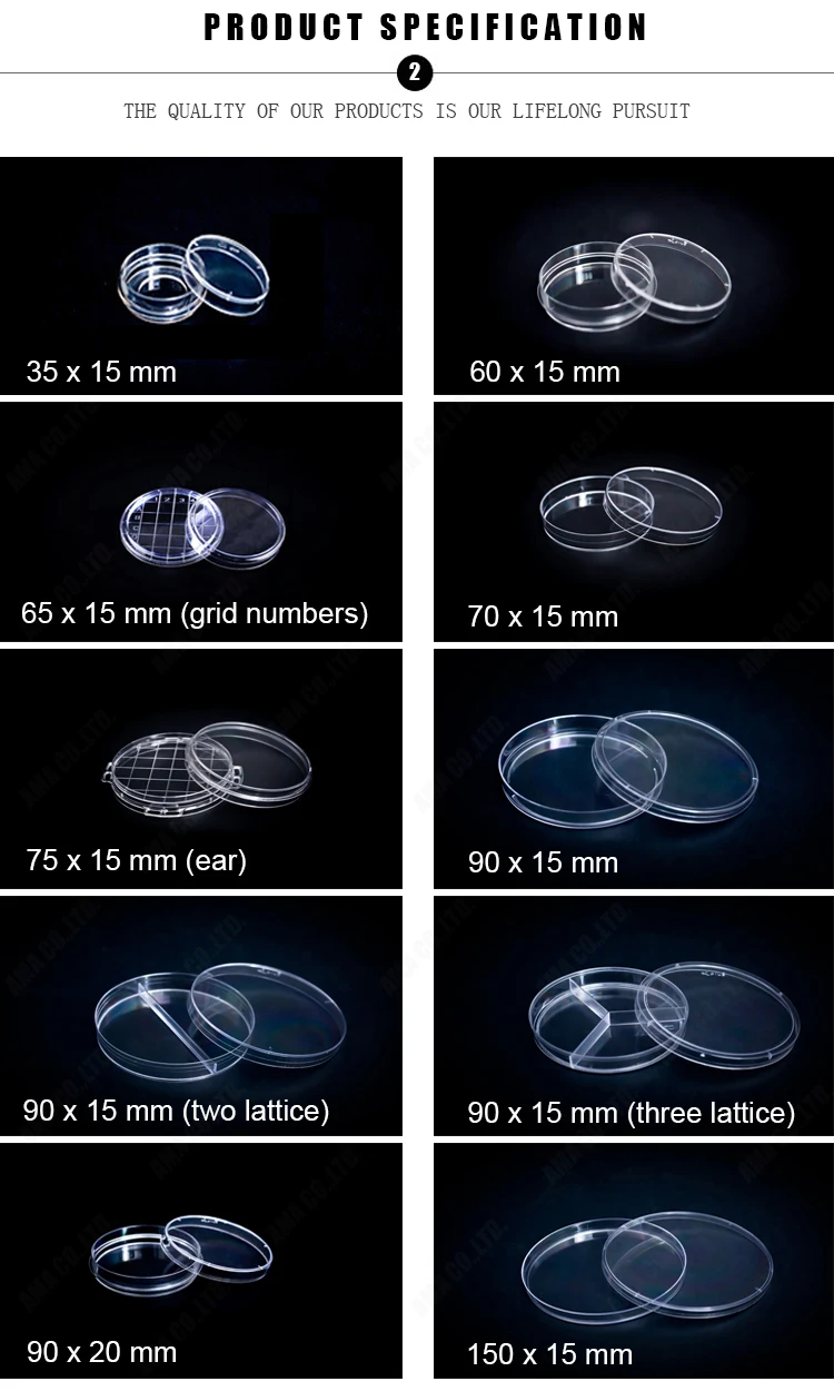 PRODUCT SPECIFICATION.CE ISO approved disposable plastic petri dish 35 60 65 70 75 90 150mm sterile