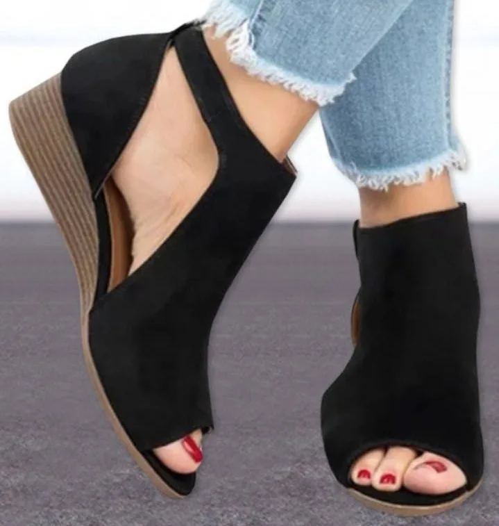 

2019 woman wedge buckles fish mouth mid heel sandals ladies summer peep toe sandals, Black,camel,green,orange,gray