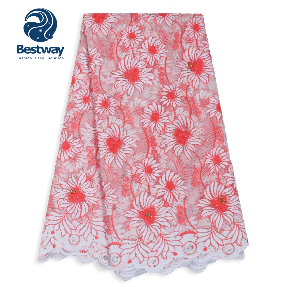 

New design cotton french lace with stones red net lace tulle beaded lace fabric wholesale for wedding party FL0489, Multi-color