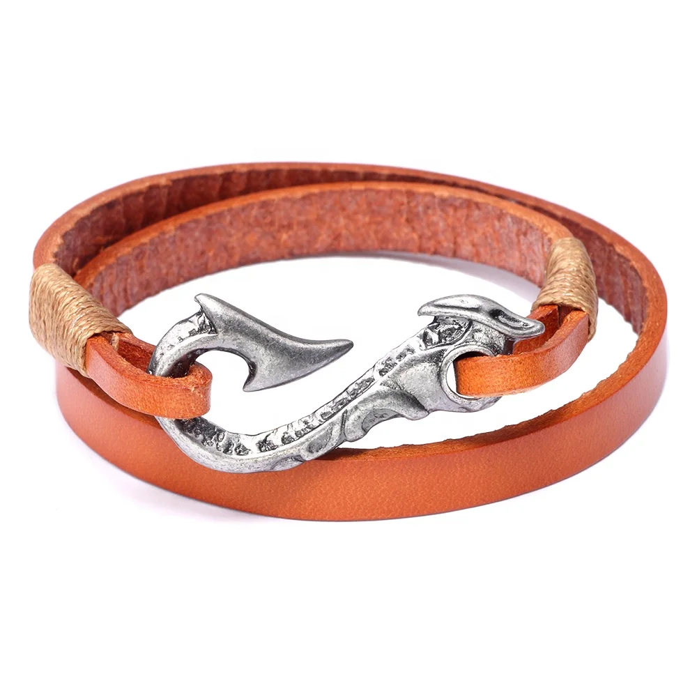 

Women Men Alloy Fish Hook Charm Genuine Leather Wrap Bracelet