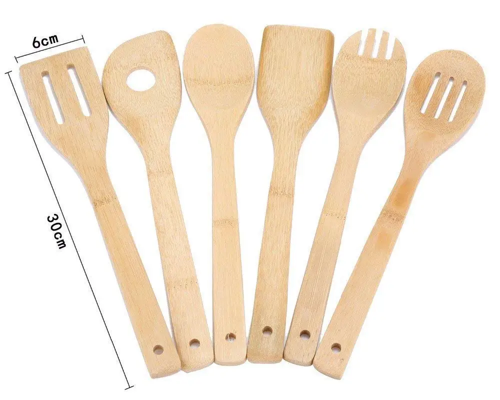 
Eco-friendly Organic Natural Custom Kitchen Cooking Flatware wooden utensils Bamboo Spoon Set For 6 