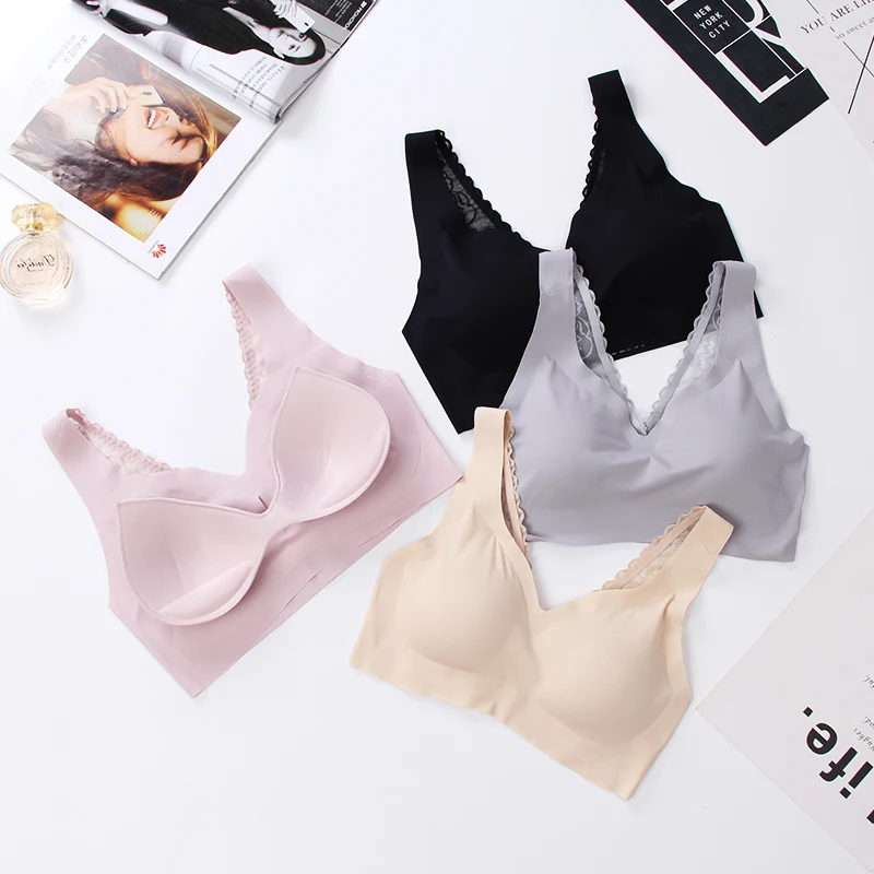 

Instock Wholesale Comfort Daily Seamless Removeable Lace Back Stretchy Wirefree Lace Women's Leisure Sports Sleep Bra for Woman