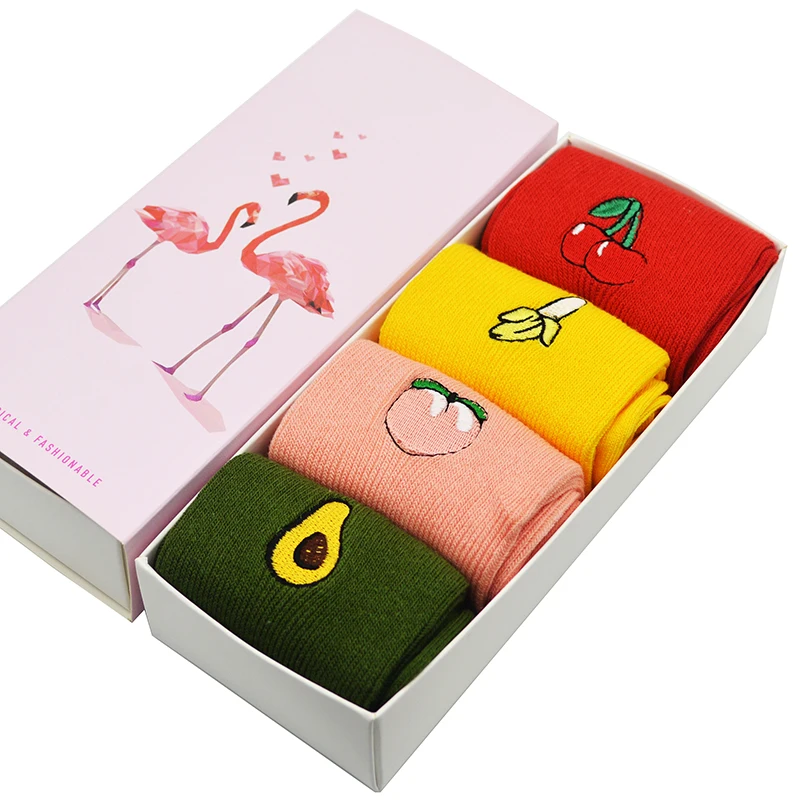 

Women Fruit Socks Casual Solid Cotton Avocado Peach Banana Cherry Embroidery Patterned Harajuku Socks, Yellow, red, green, pink