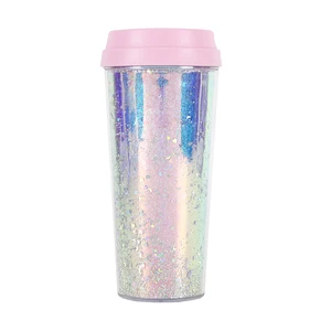 Image of food grade double wall transparent 16oz coffee glitter reusable drinking custom plastic cup