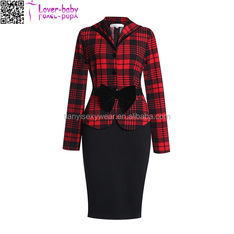 

Formal Single Breasted Long Sleeve Robe Hiver Bow Plaid Office Business Skirt Sets 36070, Shown