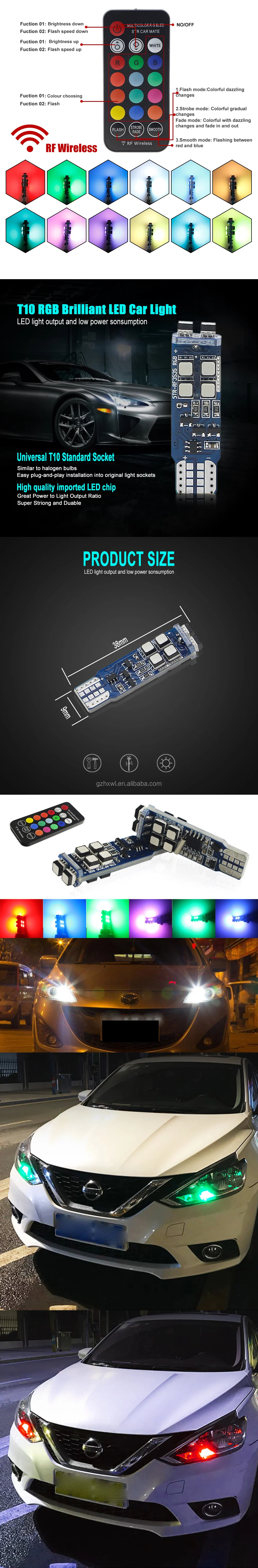 Colourful LED Light Bulbs T10 W5W With RF Remote Control 2825 Strobe RGB Car Interior License Plate Dome Door Light