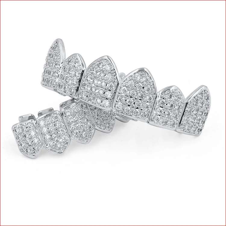 Blues wholesale bling 18K White Gold Plated Custom Slugs Cubic Zirconia Micro Pave cz teeth grillz for punk Halloween jewelry