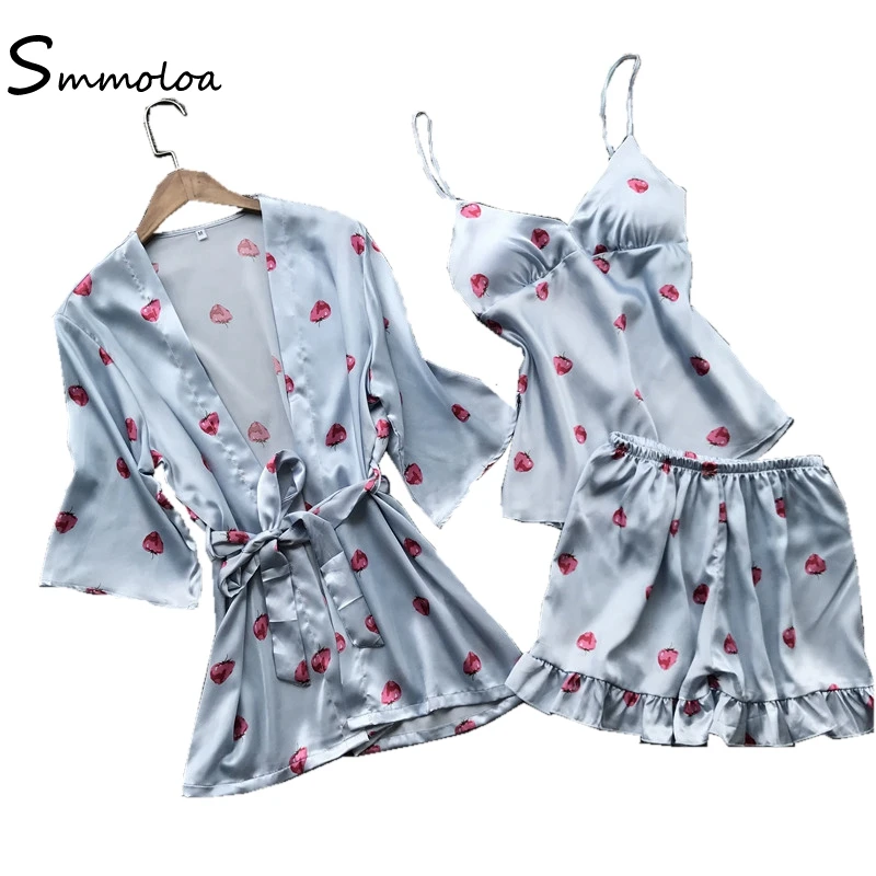

Smmoloa Women Silk Satin Pajamas Summer Sexy Lace Lingerie Sleepwear Pyjamas 3 Piece Sets 2018 New, As picture