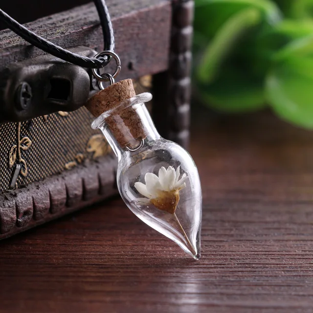 

Handmade DIY real dried flower necklace creative choker glass dry flower pendant necklace with rope chain