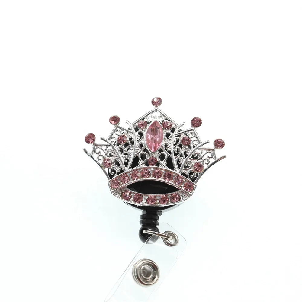

Pink Rhinestone Mini Crown Tiara Badge Reel Retractable ID Badge Holder