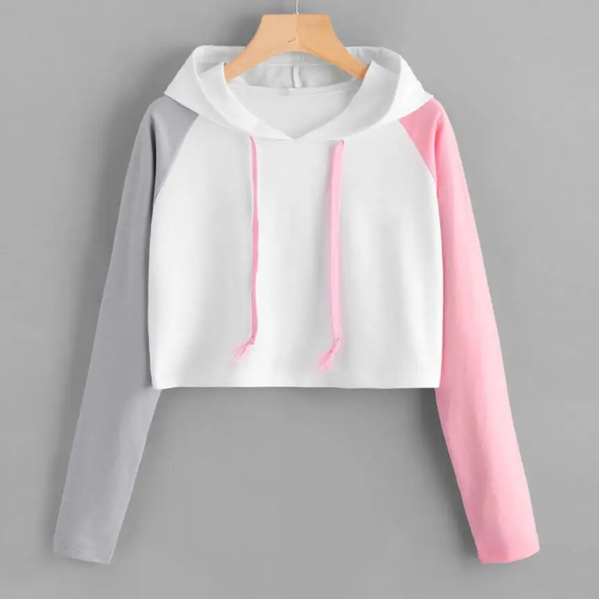Women Crop Top Hoodie Sweatshirts Casual Long Sleeve Patchwork Crop Hoodie Women's Hooded Pullover