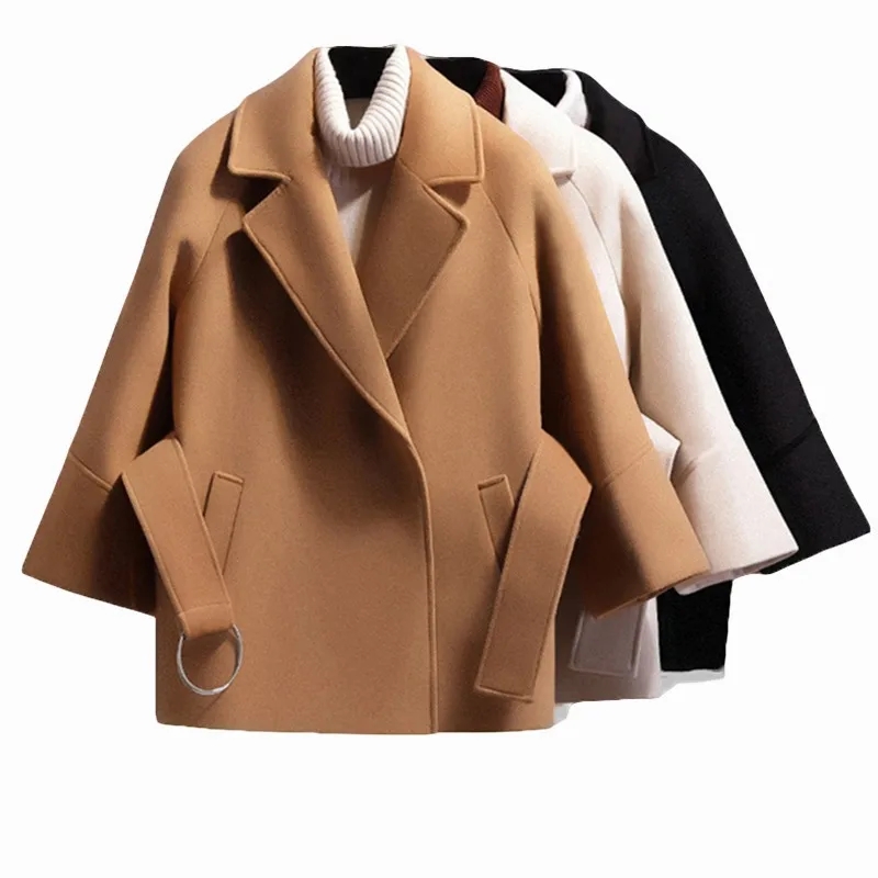 

Autumn Winter Women Short Woolen Coat 2019 Belt Jacket Female Raglan Sleeves Cloak Jackets Elegant Single Button Black Camel New