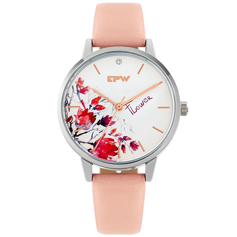

Pattern Leather watch Fashion silvert flower dial watches Printing dial Quartz wristwatch, Customized