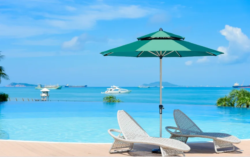 高品质批发定制印花大抗风紫外线花园遮阳伞270厘米绿色户外流苏沙滩