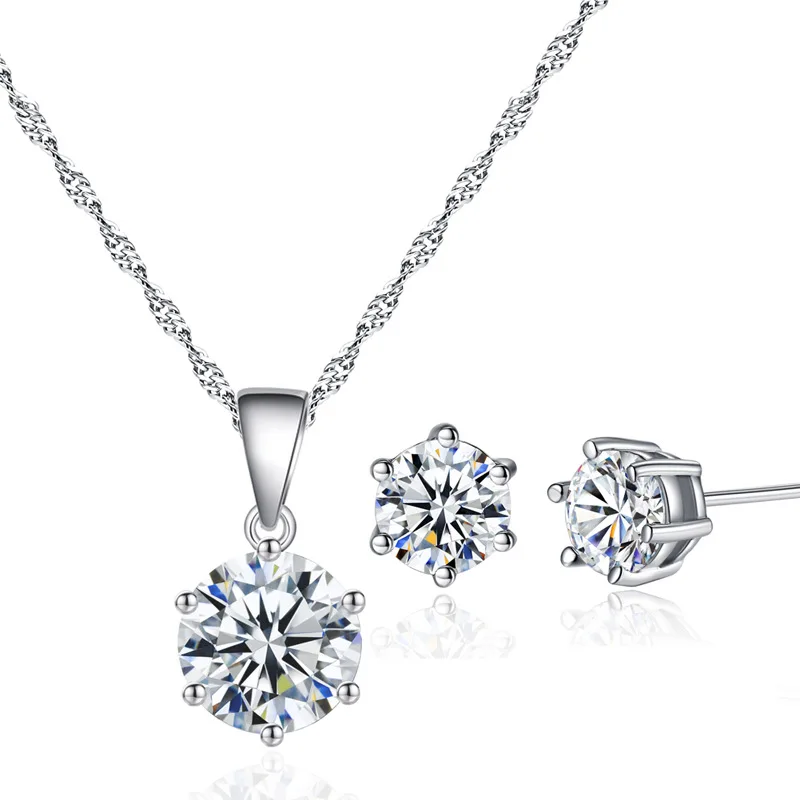 

Classic AAA round cubic zirconia six claw necklace and earrings Jewelry Set For Party