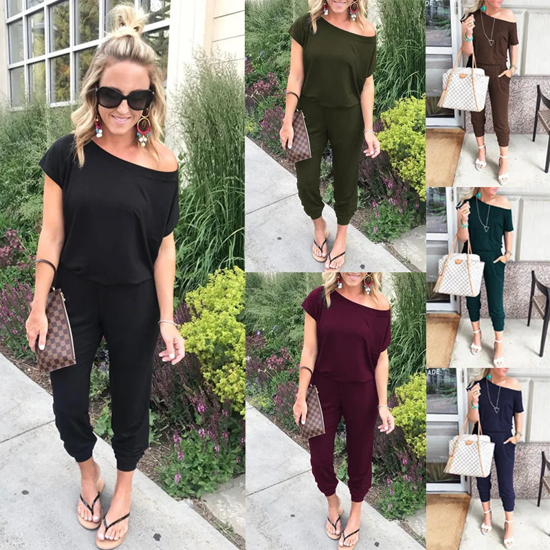 2019 women sexy off shoulder elastic waist beam foot jumpsuit