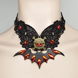 HALLOWEEN HANDMADE CARNIVAL PARTY FANCY GOTHIC DRESS LACE WITH RED JEWELRY AND BAT AND PIRATE PENDANT NECKLACE