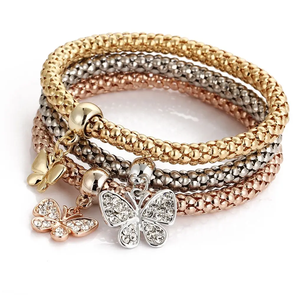 

Trendy 3 Colors Popcorn Chain Bracelet Crown Butterfly with Rhinestone Skull Charm Bracelets, Gold;silver;rose gold