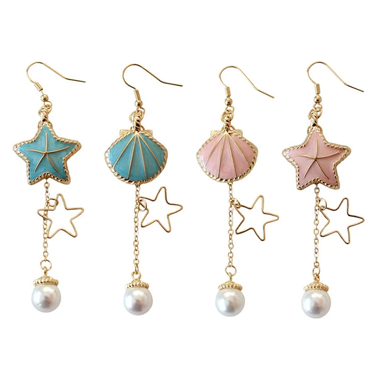 

Fashion Star Sea Blue Pink Shell Simulated Pearl Gold Chain Tassel Long Dangle Earrings Women Jewelry, Pink/blue