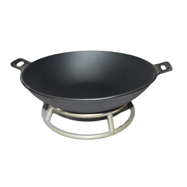 
Two ears big commercial restaurant usage cast iron chinese wok with wooden lid and bracket wholesale cookware set 