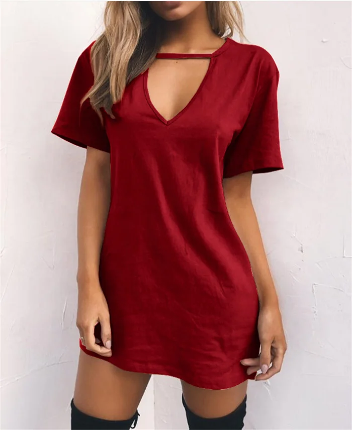 

Women Deep Choker V-Neck Casual Loose Short Sleeve Mini Sexy Dress, As shownn