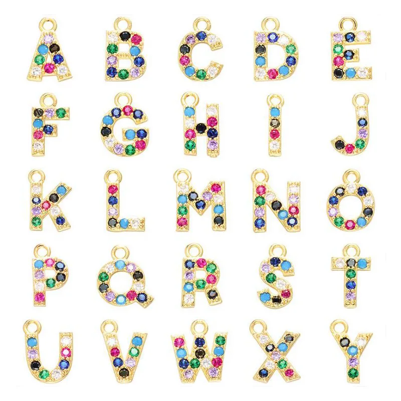 

CZ7743 Mini CZ Initial Charms,Rainbow CZ Pave Gold Uppercase Initial Charms, 26 Letter Alphabet Pendant Charms