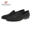 2018 New Suede Genuine Leather Men's Flats Men Black Crystal shoes men smoking slippers Prom and party male loafers Size 4-17