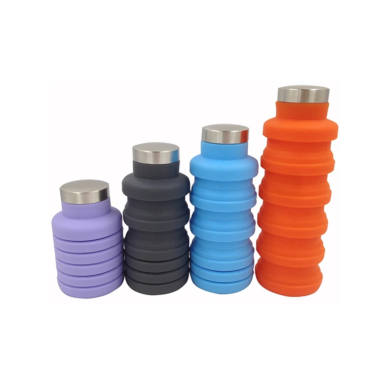 

500ml Eco Friendly Custom Kids Collapsible Sport Foldable Silicone Outdoor Drinking Water Bottle, Blue, dark grey, purple