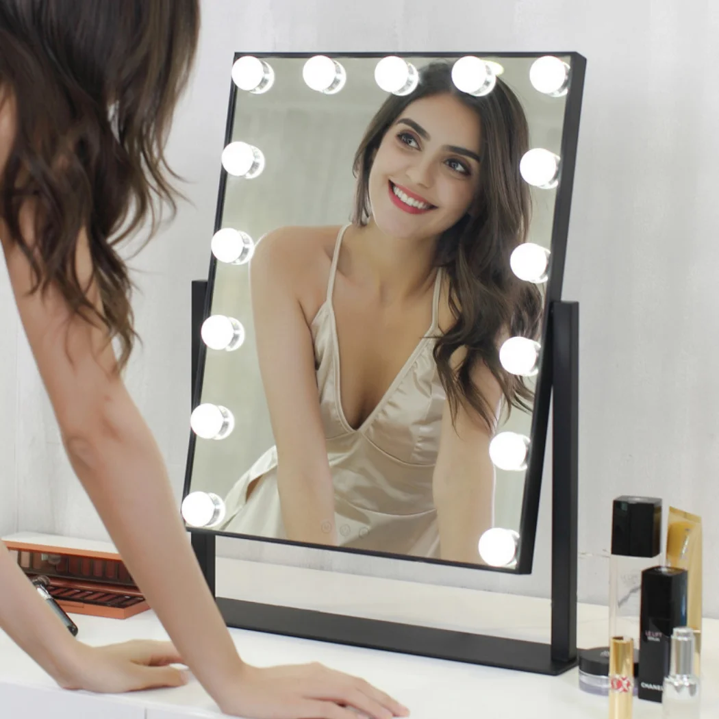 Lighted Vanity Makeup Hollywood Mirror, Dimmable Tabletop Cosmetic Mirror with LED Bulbs, Touch Control and Plug Powered