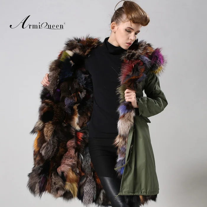 

New style Military hot sale long fox fur coat multi color fur parka for woman, Picture and customized