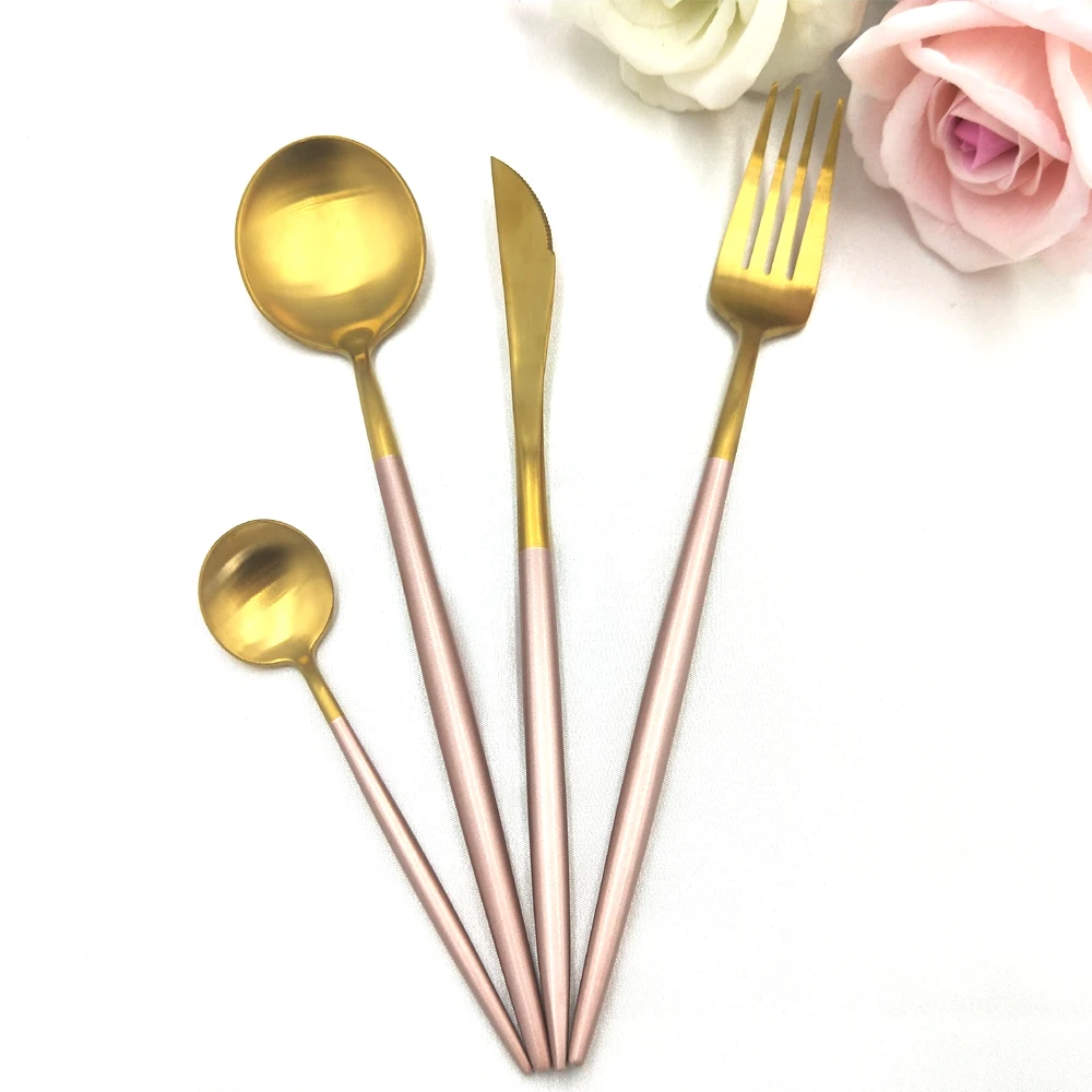 

Gold plated rose gold cutlery set pink Handle Cutlery, colored Wedding flatware Stainless Steel flatware set, Pink;blue;golden;black;silver and cusomized