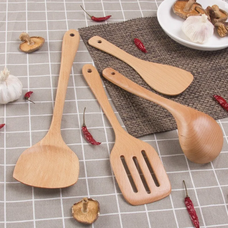 High Quality Wooden Cookware Set 5pcs Wood Cooking Utensil With Holder