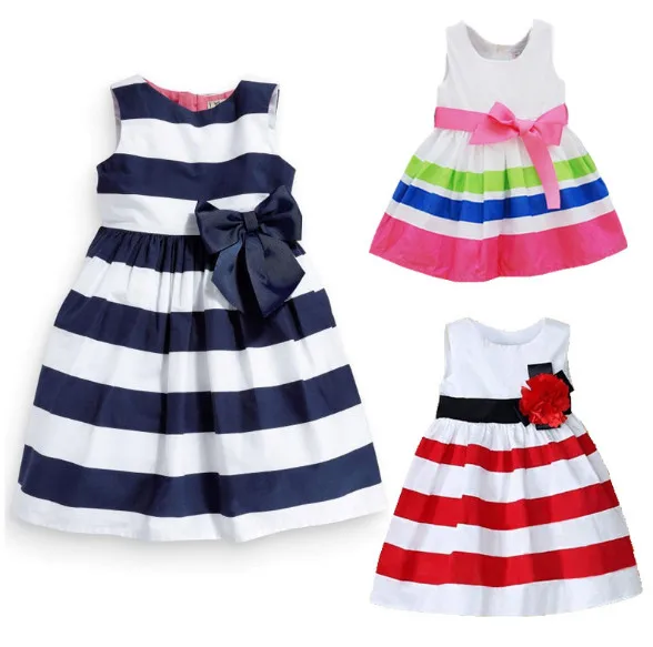 

Girls Dress 2017 New Summer Children Casual Sleeveless Stripe Rainbow Color Mini Dress Princess Dress with Bowknot