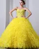 Yellow Sleeveless Sweetheart Elegant Sweep Train Evening Gowns Lace-up Beaded 2018 Piping Quinceanera Dresses