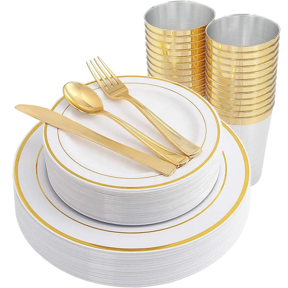 

Gold Plastic Party Plates & Plastic Silverware & Gold Cups 150 combo Premium Disposable Dinnerware Set