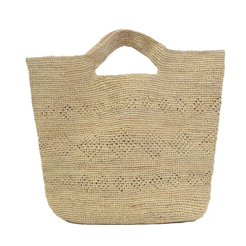 

Raffia Straw Crochet Tote Bag Clutch Bag for Women Handmade , Natural Straw 2019 Summer Striped  Hollow Out 20cm Open