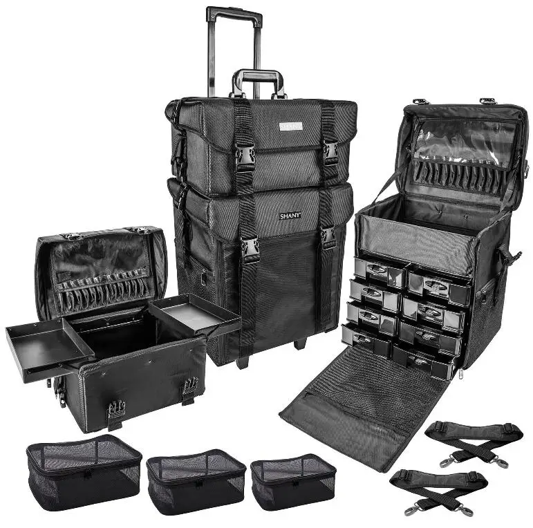 

Soft Makeup Artist Rolling Trolley Cosmetic Case with Free Set of Mesh Bags, Jet Black, Black,(accept custom)