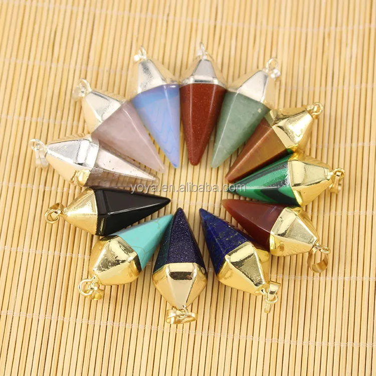 

JF6671 Wholesale chakra crystal clear quartz gemstone pyramid spike pendants,stone spike pendant
