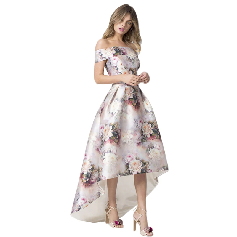 

White Off Shoulder Digital Floral Print Women Sexy Prom Dress