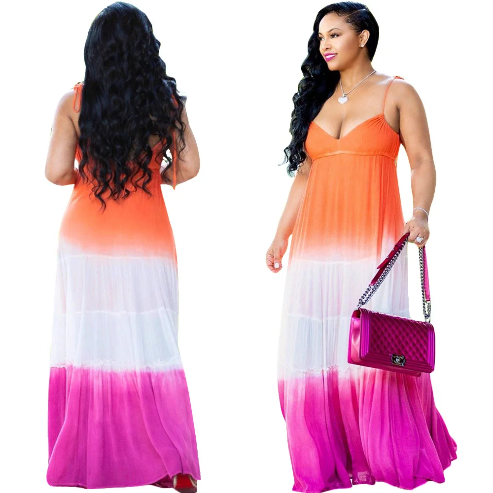 

S 3377 Hot Seller Color Block Patchwork Maxi Dress Sleeveless And Halter Low Cut Sexy Maxi Dress, Colorful