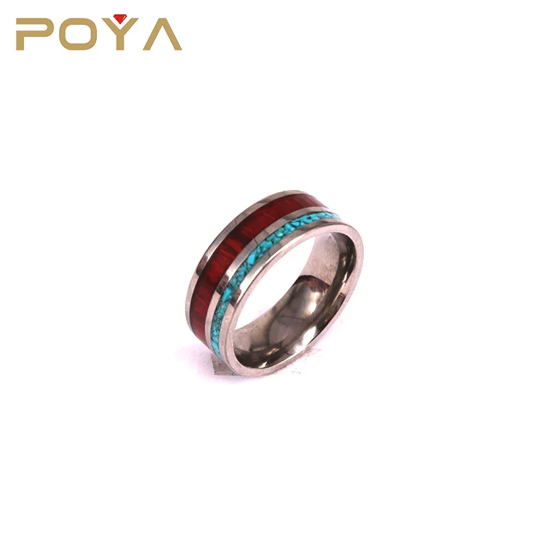 

POYA Jewelry Fashion Tungsten Gemstone Womens Jewelry Ring With Koa Wood And Turquoise Mineral Stone Center Inlay Comfort Fit