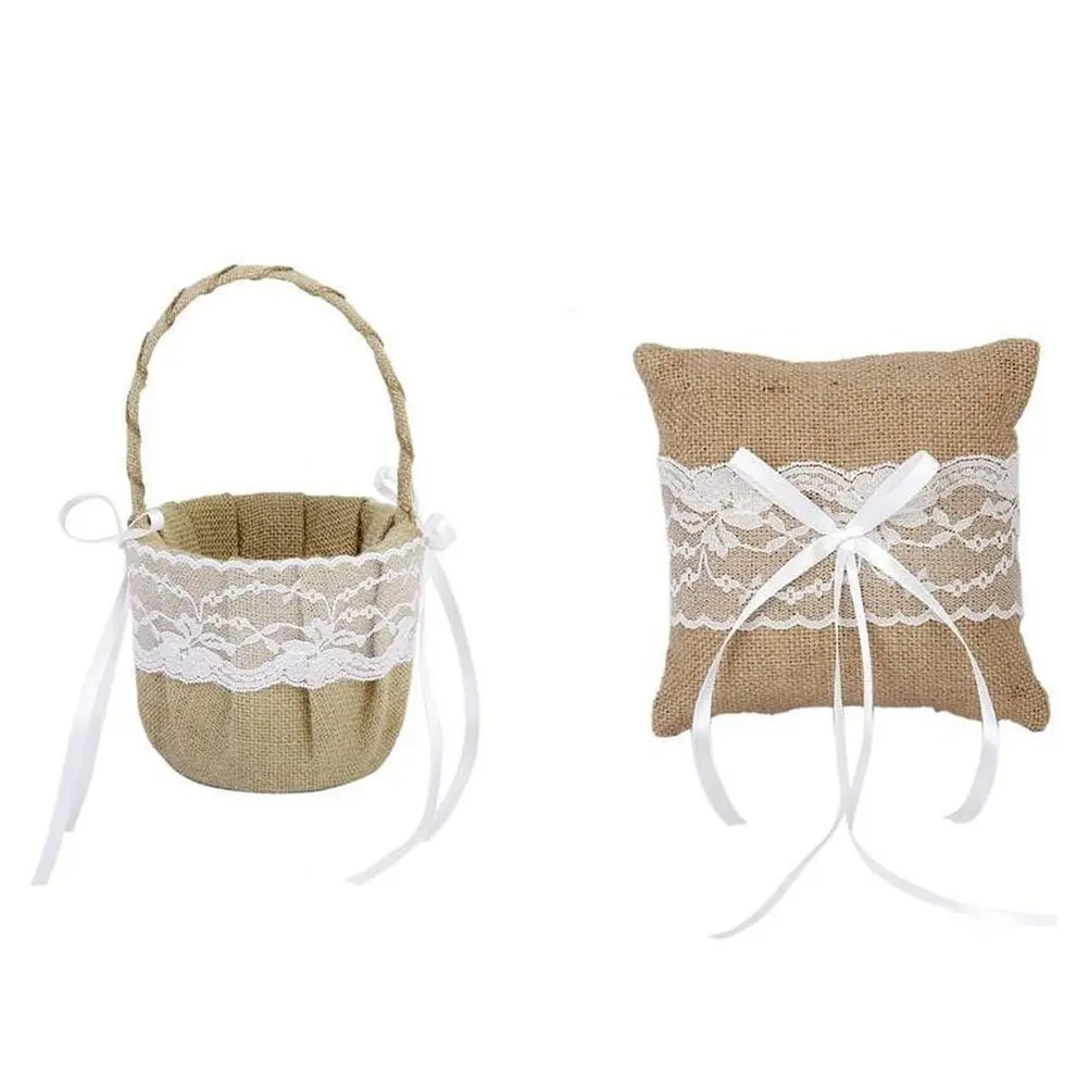 Tinksky Hessian Burlap Wedding Ring Bearer Pillow Cushion Jute Rustic Wedding Ring Pillow 6 inch x 6 inch
