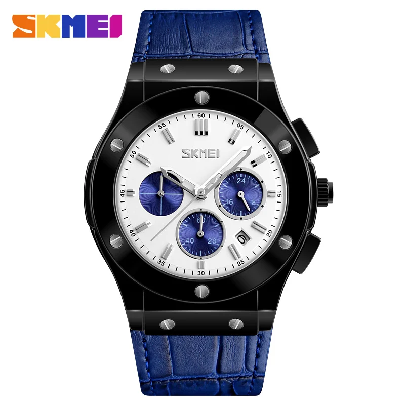 

Skmei 9157 Brand Luxury Men Wrist Watches Business Date Stopwatch Quartz Waterproof Military Chronograph Sports Leather Watch
