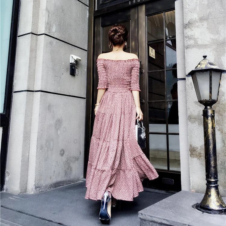 

2019 new skirt temperament ladies slim waist one word collar strapless high waist floral dress summer long skirt