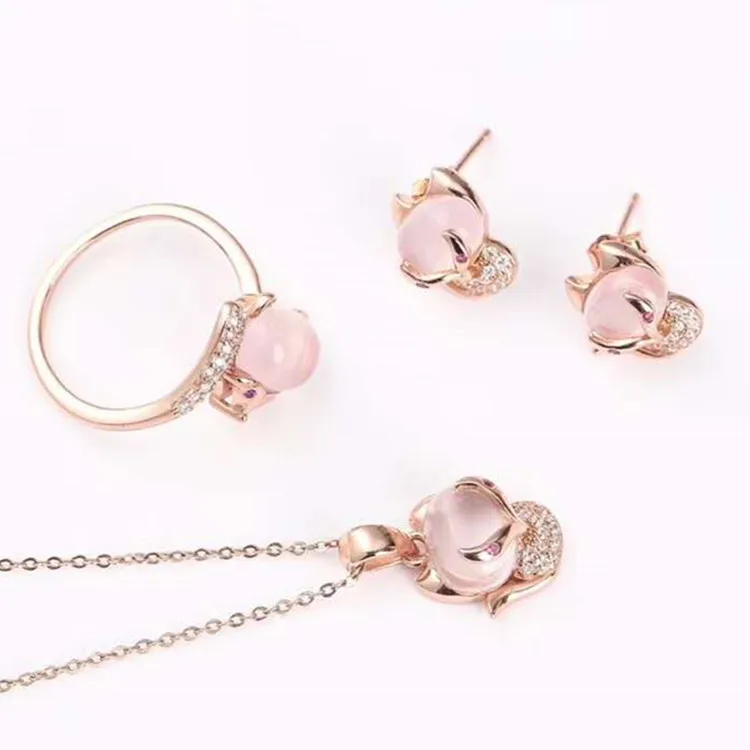 

Fashion Pretty 925 Silver natural rose quartz stud Earring Necklaces pendant adjustable ring lovely little fox Jewelry Sets, Pink