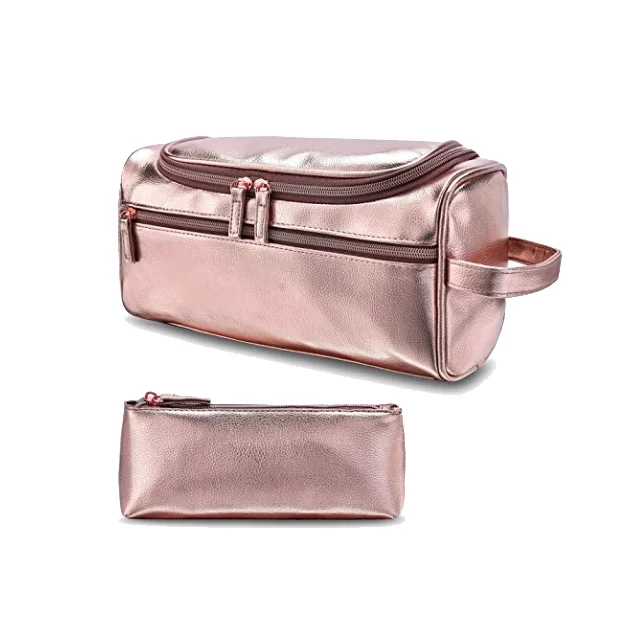 Vintage Rose Gold Leather Toiletry Bag Travel Toiletry Organizer